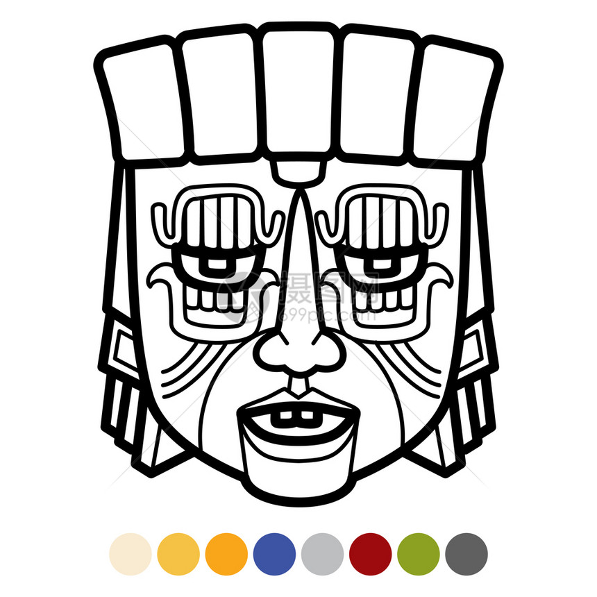 IndiaztecAfrianMexican部落面具彩色页带有颜样本矢量说明aztecMxian部落面具图片