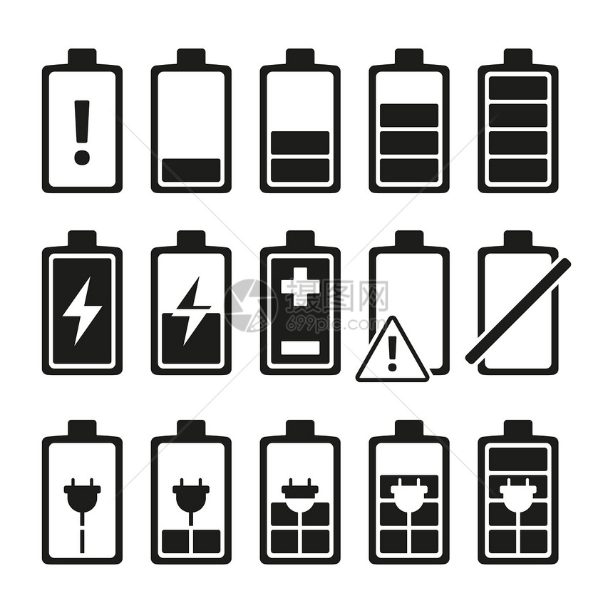 不同级别电荷中智能手机池的单色图片智能手机充电池力矢量说明不同级别电荷中智能手机池的单色图片图片