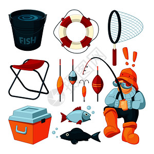 渔夫和棍爱好运动和休闲插图不同的捕鱼设备带棍子的渔夫图片