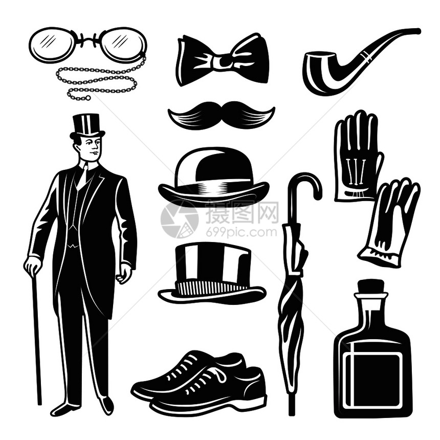 绅士俱乐部的胜利风格单色图画矢量集英国绅士服装首饰伞和手套绅士俱乐部的胜利风格单色图画集图片