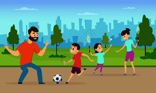 多人足球组合卡通风格一家人打羽毛球踢足球矢量组合插画