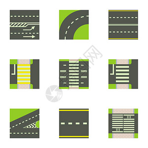 一套由9种道路矢量图标组成的漫画集用于白色背景孤立的网络各种道路图标集卡通风格背景