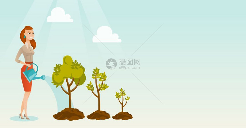 商业投资者商业概念为树浇水的投资人用水浇树矢量图图片