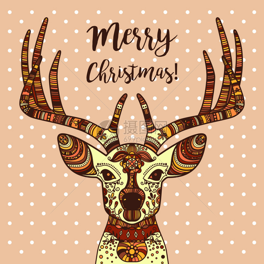 手画鹿头带有花饰快乐的圣诞节矢量说明图片