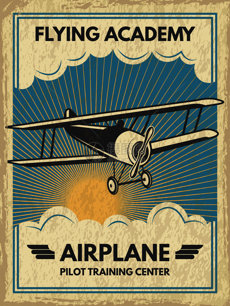 古老的空气咖啡馆海报矢量图示带飞机行的反光横幅图片