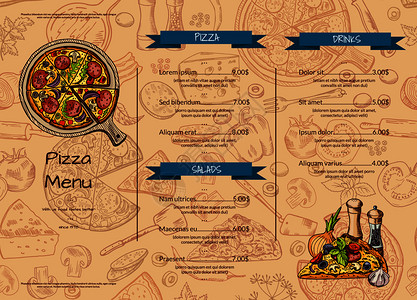 披萨菜单意大利比萨餐厅菜单模板带有手画彩色元素插图意大利比萨菜单意大利比萨餐厅菜单模板带有手画彩色元素插画