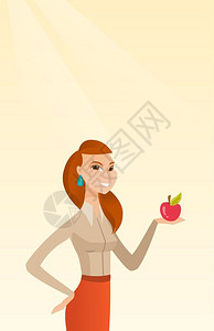 吃苹果女手握苹果的年轻女吃苹果的快乐女享受新鲜健康红苹果的causin女健康营养概念病媒平板设计图垂直布局持有苹果矢量图的年轻女插画