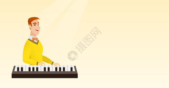 键盘布局演奏钢琴的年轻男音乐家插画