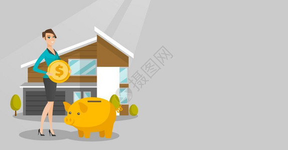 以家庭背景为在小猪银行投放一美元硬币储蓄资金和房地产投的概念矢量平面设计图横向布局妇女在小猪银行存钱买房子插画