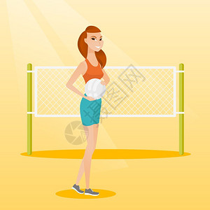 抽射站在排球网背景的海滩排球运动员插画