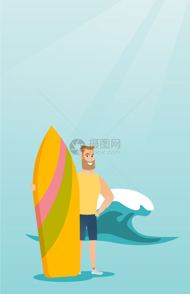 在海浪背景上持冲板的年轻人图片