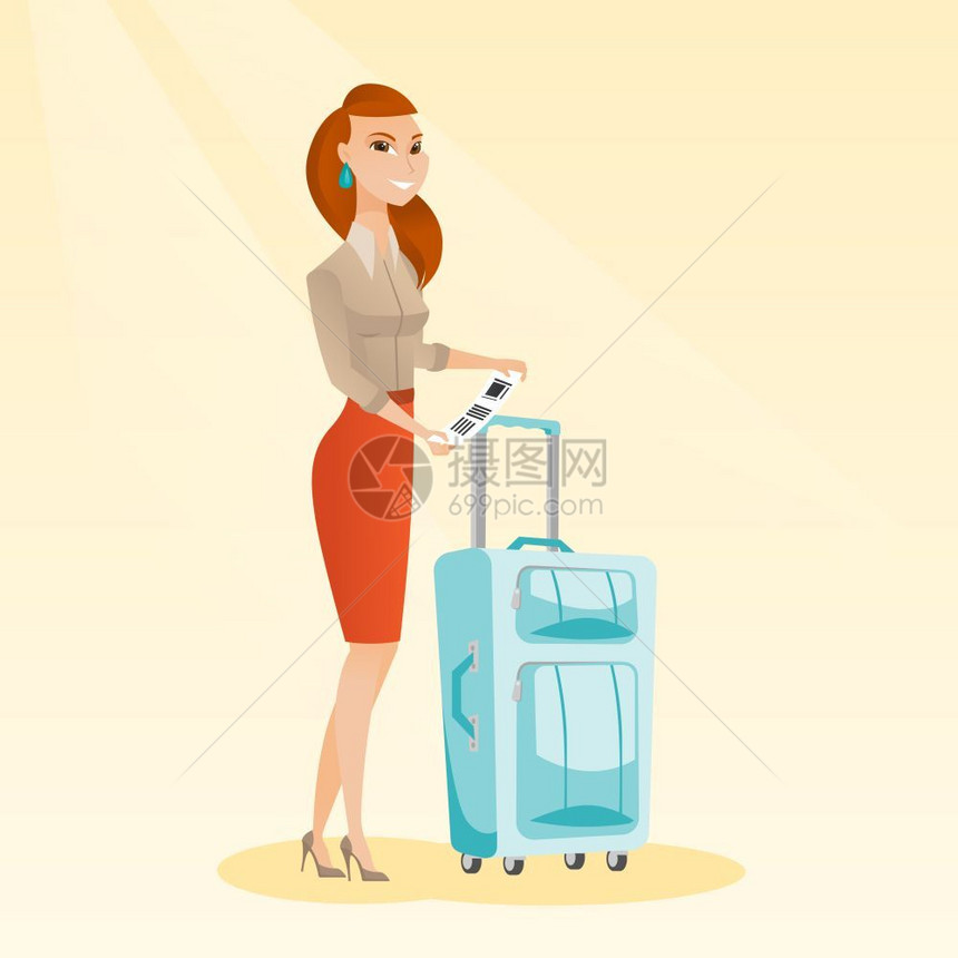 身站在行李箱旁边并持有优先行李标签的快乐商务舱乘客年轻微笑着的causin商业妇女展示旅行保险标签矢量漫画插图广场布局身着行李标图片