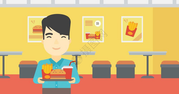 卡通汉堡包一位亚裔年轻人在咖啡馆吃快餐设计图片
