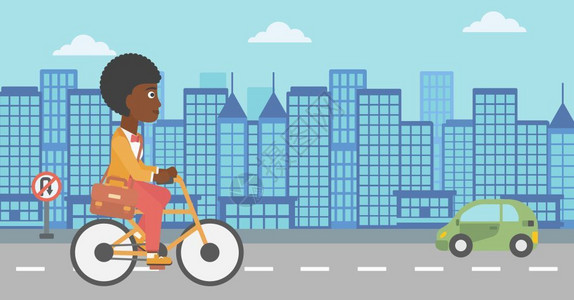 黑色路在城市中骑车的非裔女子插画