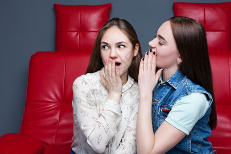 两个漂亮女孩在红皮沙发上闲谈耳语高清图片素材