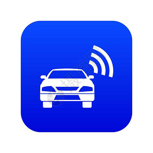 汽车技术互联网的信号蓝色背景白色带有wif符号的汽车矢量图插画