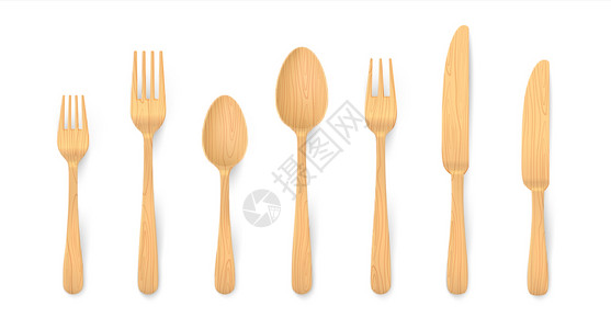 木叉子可生物降解的竹桌叉勺子和用天然可再材料制成的刀具3d矢量木制餐具现实的木制餐具可生物降解的竹制叉勺子和用天然可再材料制成的刀具插画