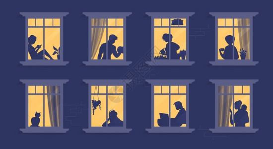 隔音隔热窗口中的邻居在公寓阅读书做饭看电视一起度过时间的漫画人物矢量显示晚上的家庭场景窗外的轮廓或影子人在公寓阅读书看电视和一起度过时间插画