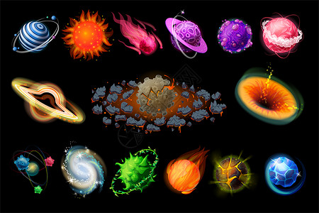 卡通宇宙元素火石冰彗星铁和气流行详细的幻想多彩大地标矢量孤立的设置了有趣的外星奇妙元素空间行星矢量孤立的数据集背景图片