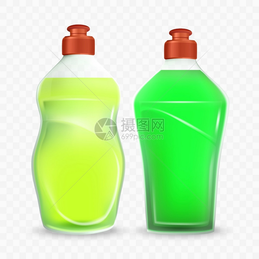 空透明塑料容器装有黄色和绿肥皂清洁剂用于洗涤厨房液和餐具图片