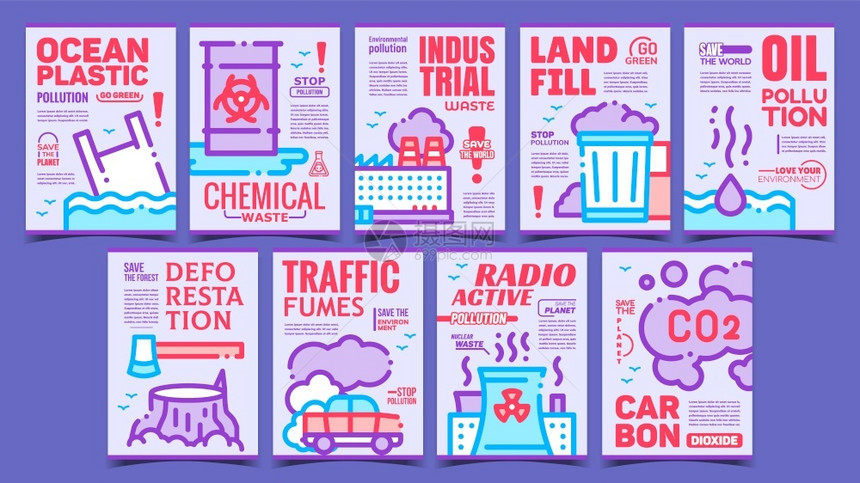 收集各种横幅包括化学和工业废物垃圾填埋和环境污染概念模拟版彩色插图环境保护广告海报设置矢量图片