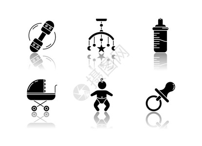 卧室摁字婴儿护理服务的影子黑格字图标婴儿玩具新生卧室装饰奶粉和喂瓶婴儿白色空间的孤立矢量插图插画