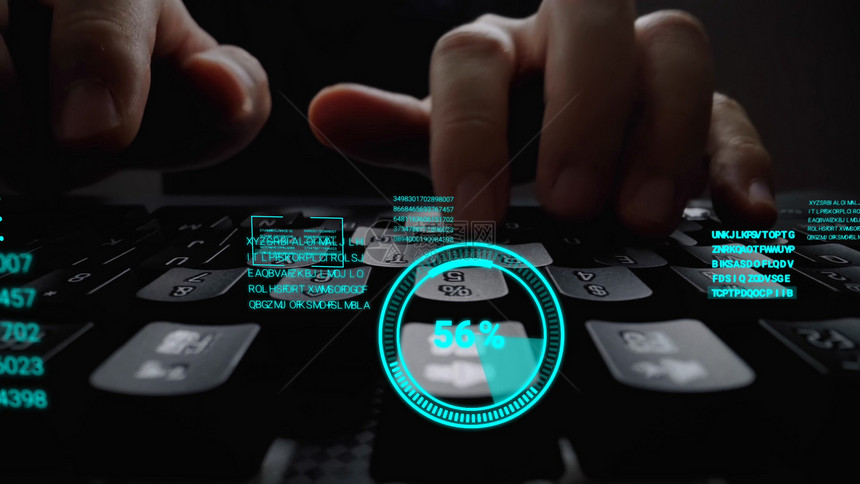 从事膝上型计算机键盘工作的男子该键盘配有图形用户界面全息图显示大数据科技字网络连接和计算机编程法的概念图片