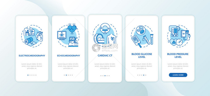 带概念的移动应用程序页面屏幕上的心脏筛查医疗检反响心电图通过5步形指示配有rgb颜色插图的ui矢量模板装有概念的移动应用程序页面图片