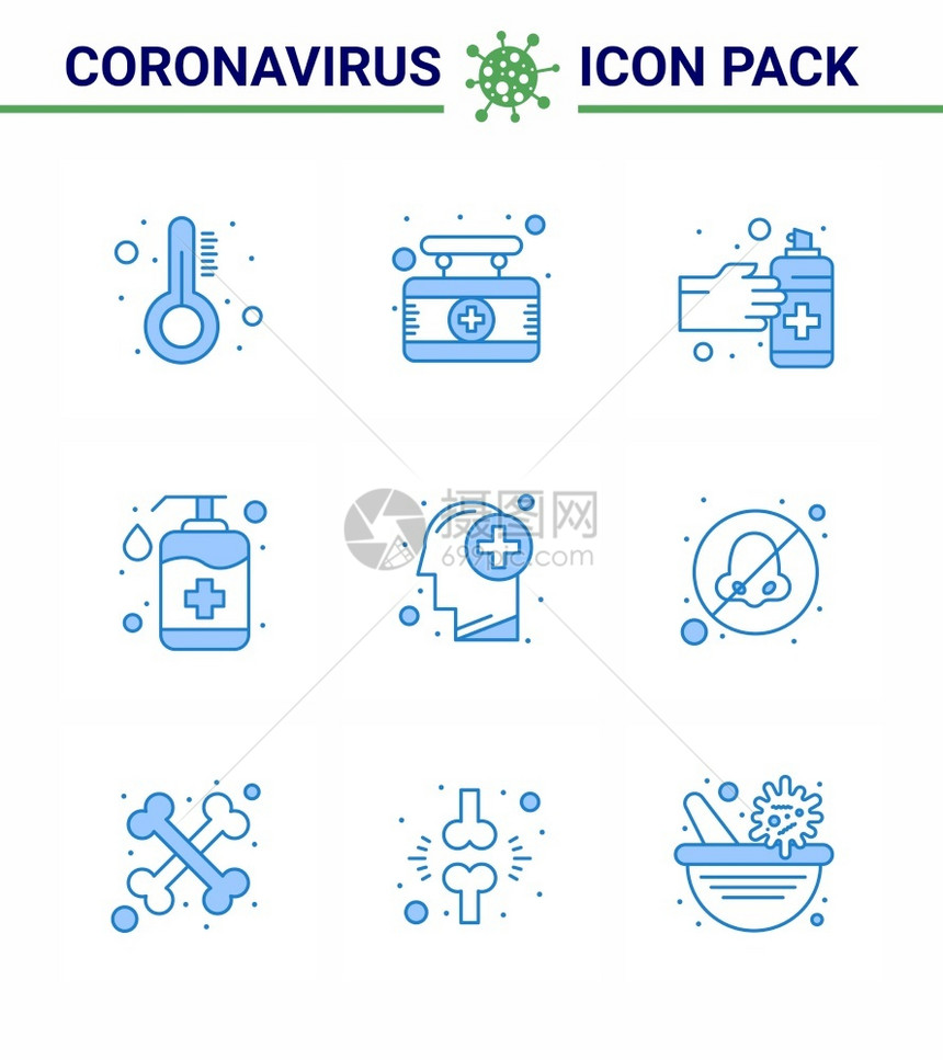 9个蓝色图标包如脑肥皂手势护瓶状冠2019NV病媒设计要素图片