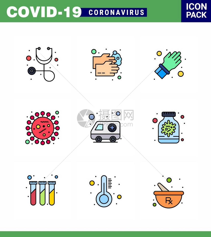 冠状9以流行病为主题的填充线状平面颜色图标包括救护车手套covid细菌冠状2019Nov病媒设计要素等图标图片
