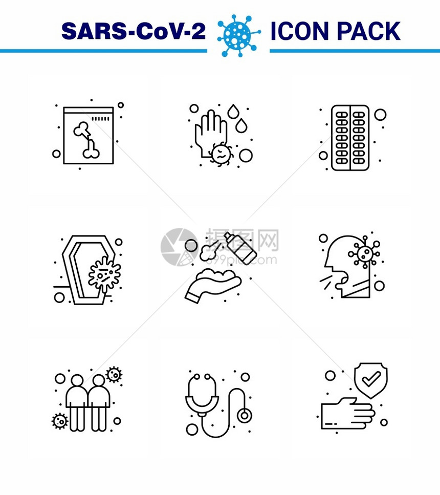 25个冠状紧急图标设置蓝色计如清洁头骨胶囊感染冠状冠状2019NV病媒设计要素图片