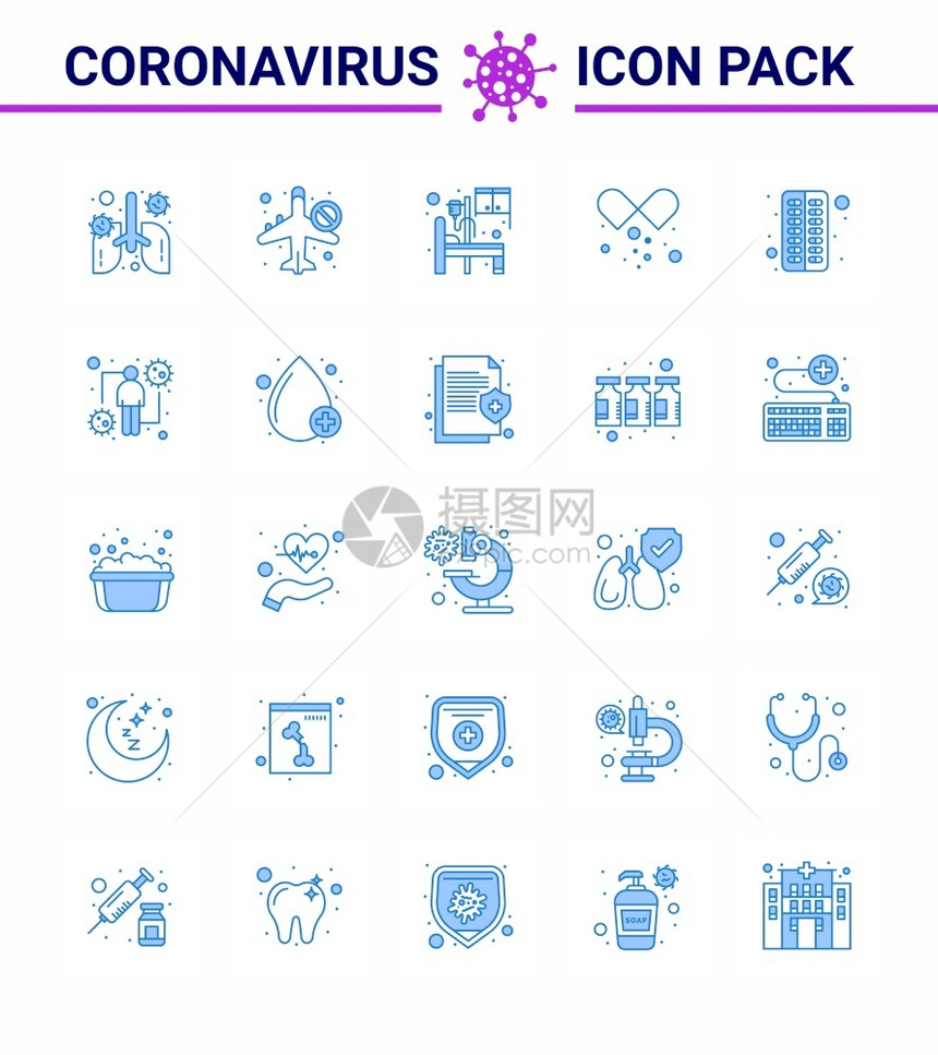 25个科罗纳紧急图标的蓝色设计如露天胶囊药丸不允许使用药物2019NV病媒设计要素等25个科罗纳紧急图标图片