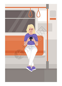 在地铁里玩手机的年轻女孩卡通矢量插画图片