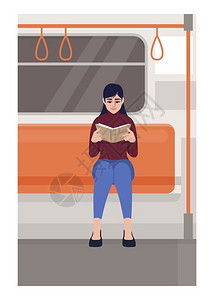 在地铁里玩看书的女青年卡通矢量插画图片