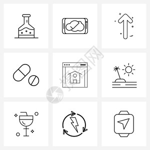 现代风格由9行象形图网平板行药片矢量图示组成的9行像网集组成图片