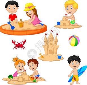 斋沙默尔城堡儿童玩沙城堡和冲浪板插画
