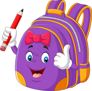 卡通的紫色学校背包拿着铅笔举起拇指图片