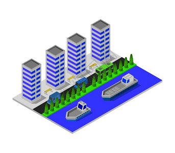 高楼无线发射台城市高楼船只矢量图插画