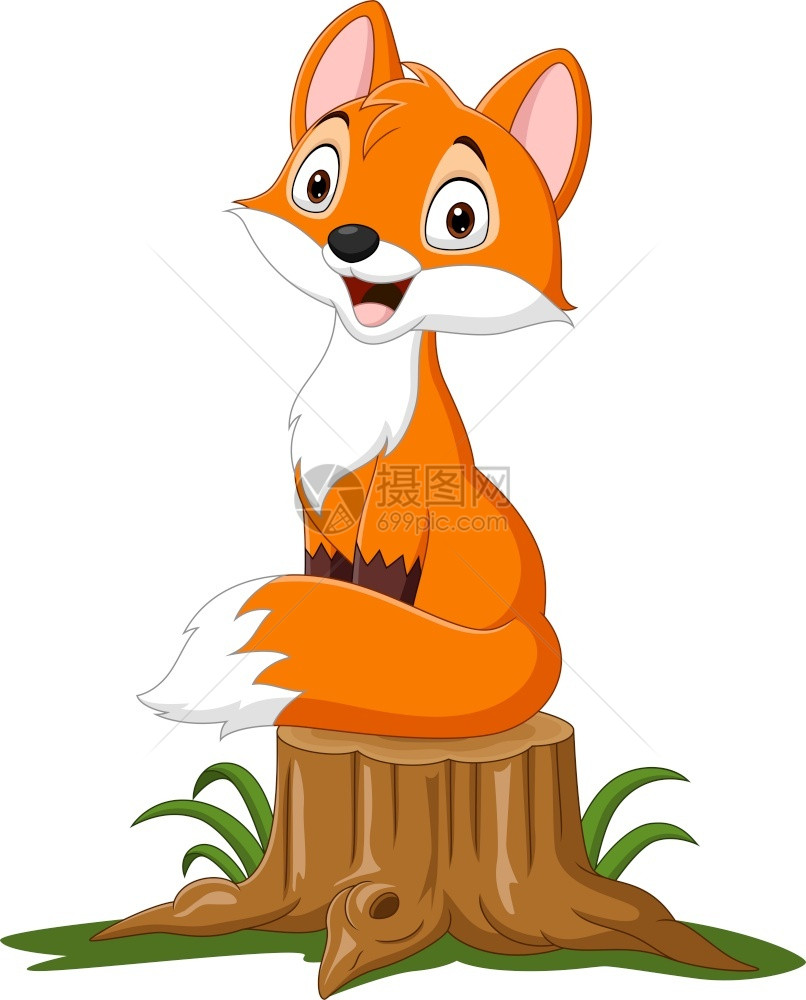 卡通快乐狐狸坐在树桩上图片
