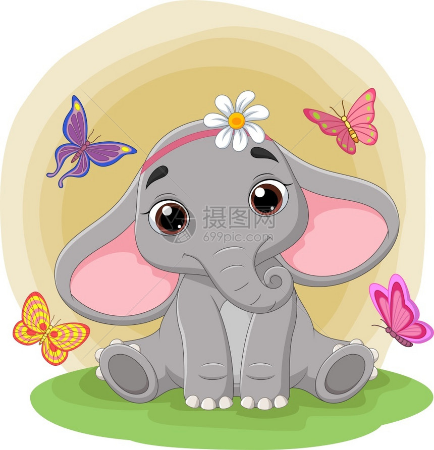 可爱的小象坐在草地上图片
