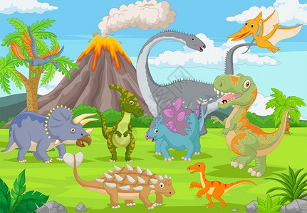 磷灰石丛林中有趣的恐龙群插画