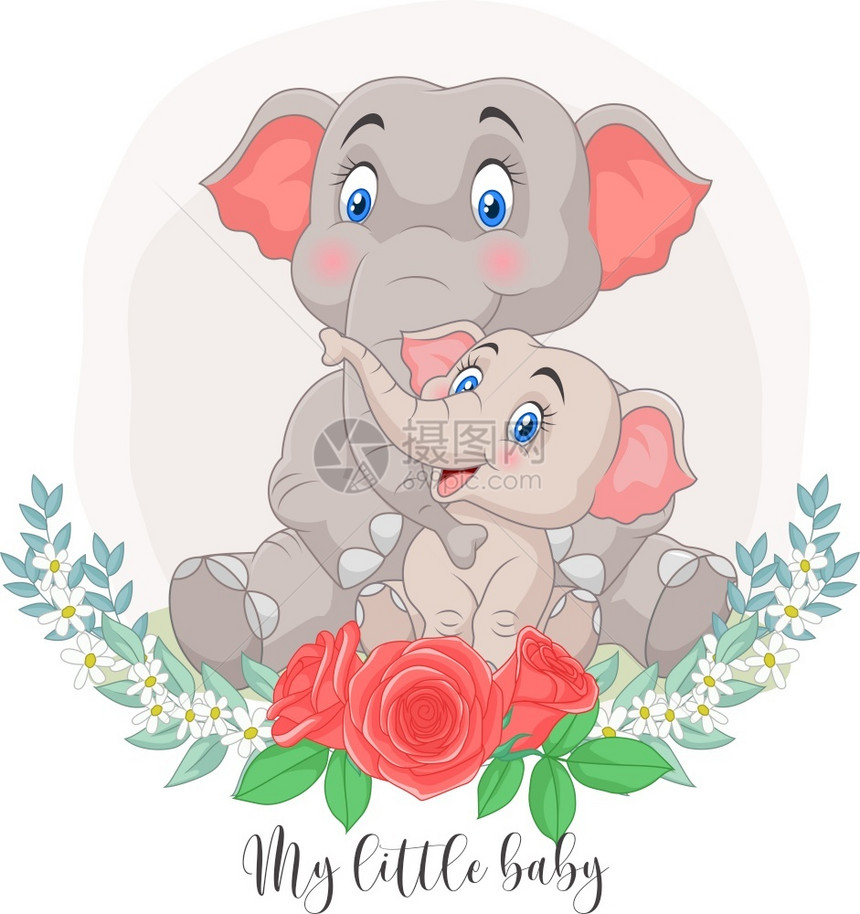 卡通母亲和婴儿大象坐在一起图片