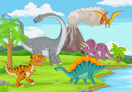 磷灰石丛林中有趣的恐龙群插画