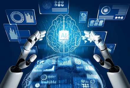 3d使未来机器人技术开发工智能和机器学习概念成为未来机器人技术开发3d为人类未来生命进行全球机器人生物科学研究决策高清图片素材