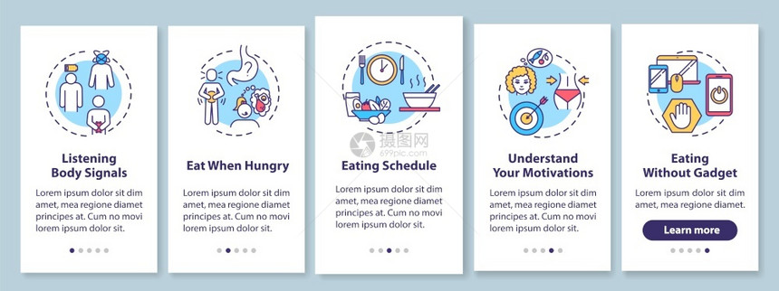 包含概念的移动应用程序页面屏幕上的健康饮食习惯时间表和监听机的信号通过5步图示指ui矢量模板配有rgb颜色插图健康饮食习惯配有概图片