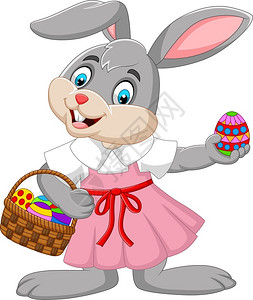 复活节服装带一篮子鸡蛋的复活兔女孩插画