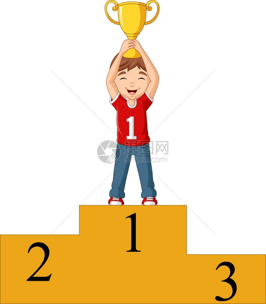 站在得奖台的卡通男孩手里拿着奖杯图片