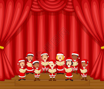 红色歌曲唱诗班儿童在舞台上唱一首歌插画