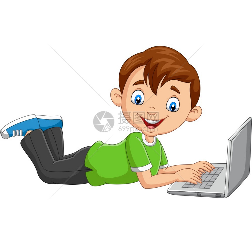 卡通男孩操作笔记本电脑躺在地板上图片