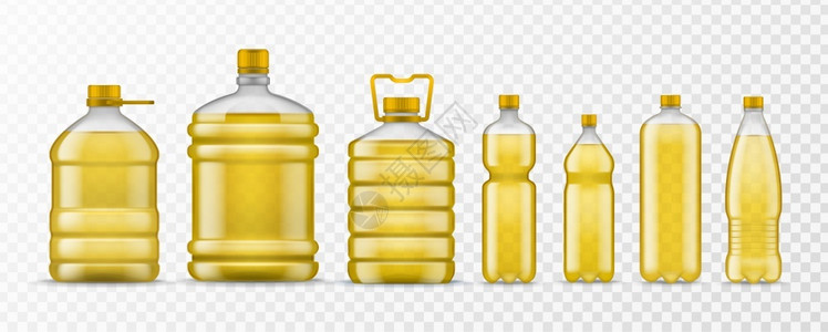 未经加工的植物油瓶含有黄色机油的不同包装塑料瓶健康食品的天然液体成分现实的病媒模型健康食品设计图片